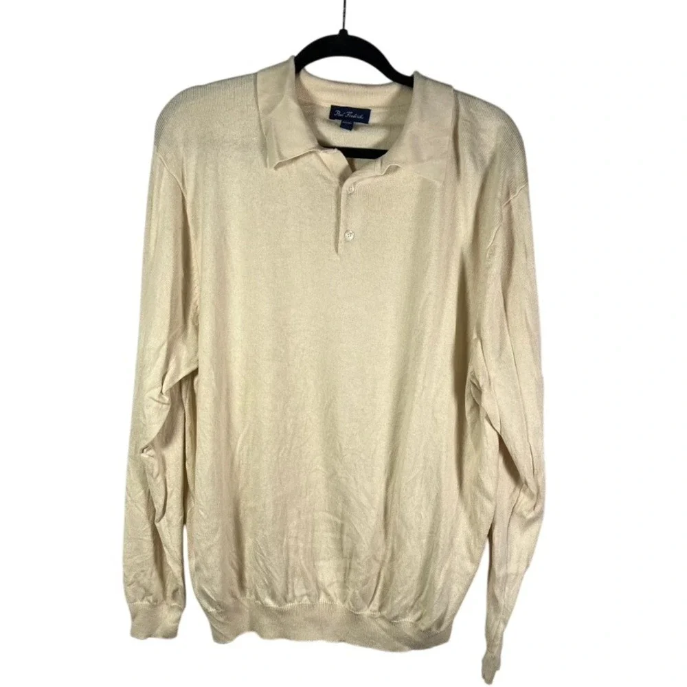Paul Fredrick Mens XL Beige Silk Cashmere Blend‎ Long Sleeve Polo Sweater Flaw